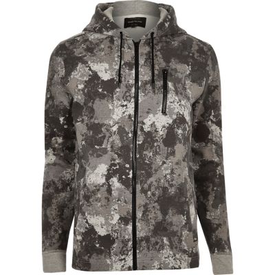 Grey camouflage print zip hoodie